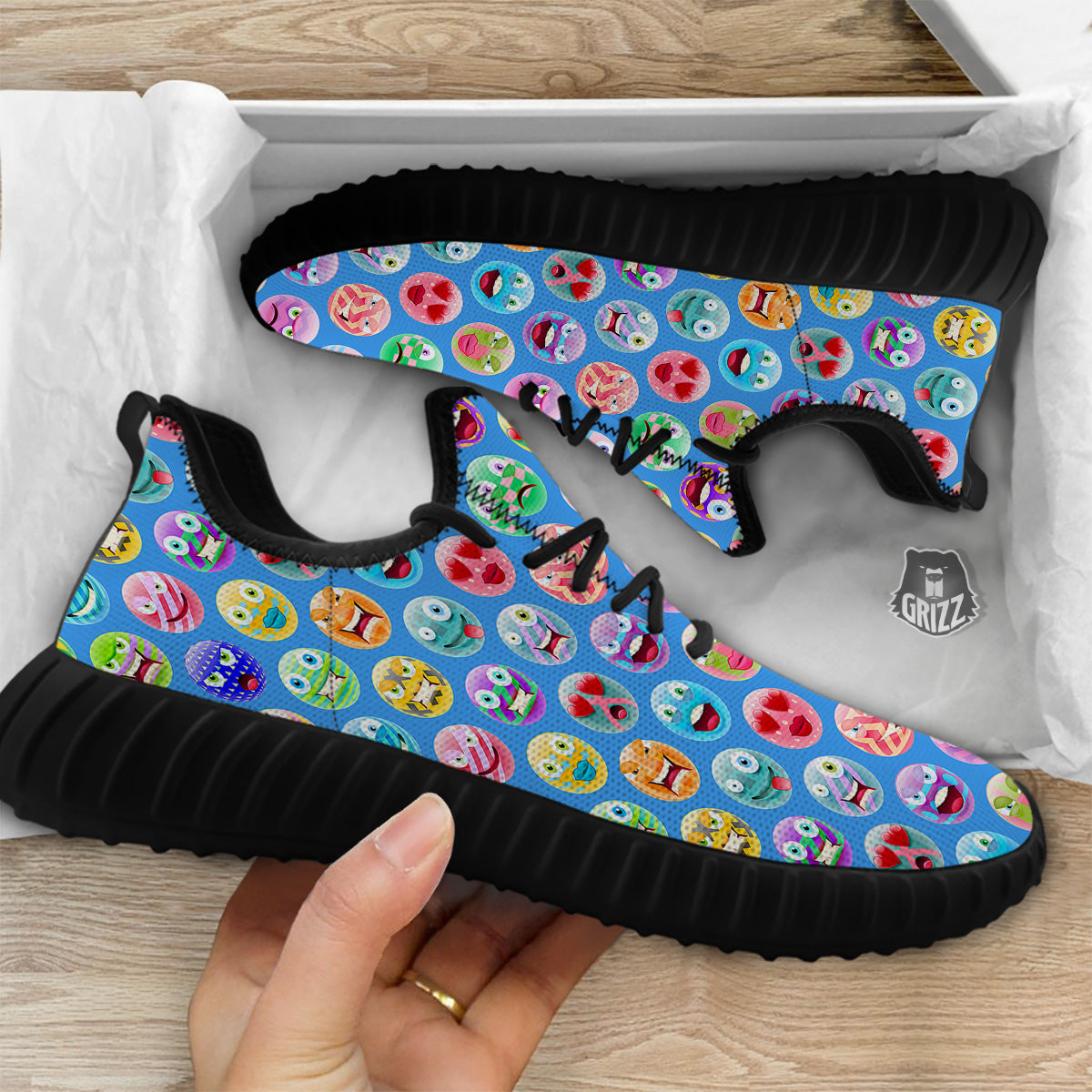 Cute Emoji Blue Print Pattern Black Walking Shoes-grizzshop