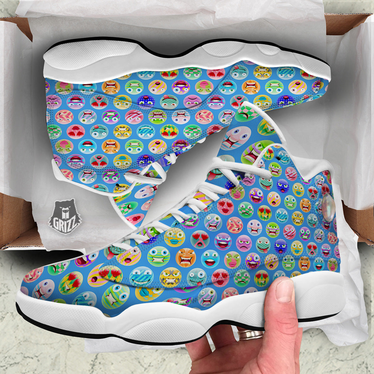 Cute Emoji Blue Print Pattern White Basketball Shoes-grizzshop