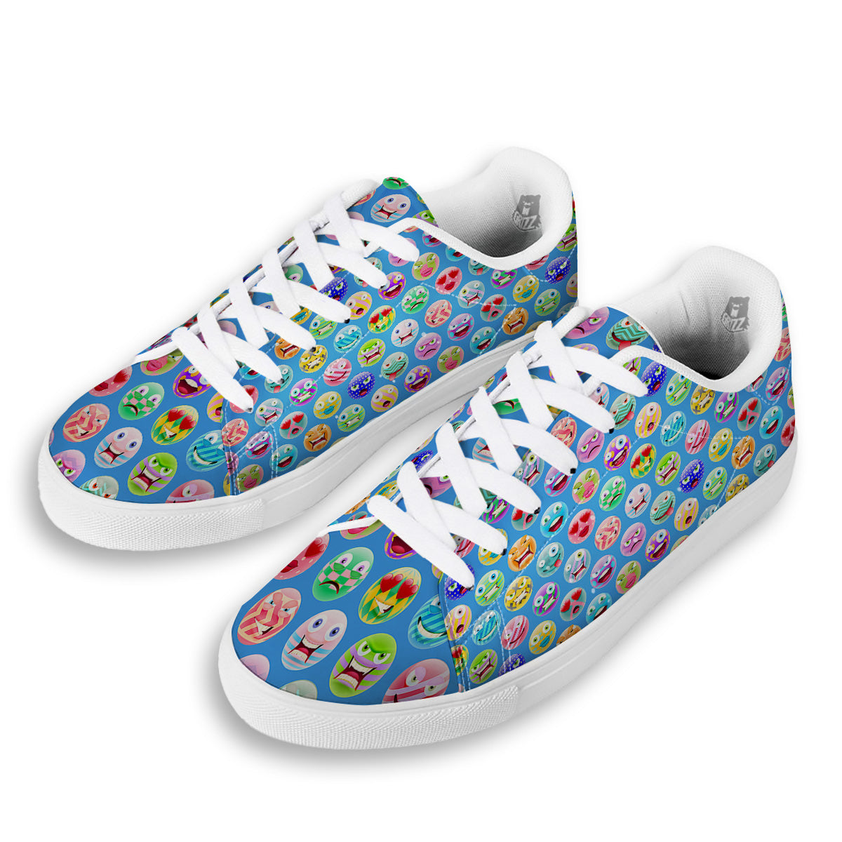 Cute Emoji Blue Print Pattern White Low Top Sneakers-grizzshop