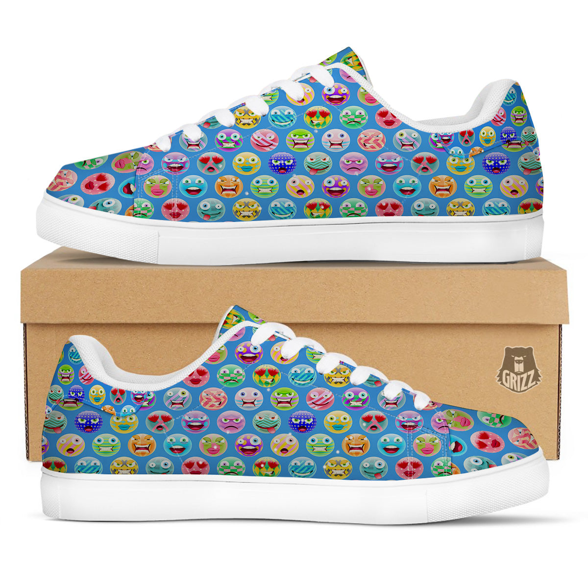 Cute Emoji Blue Print Pattern White Low Top Sneakers-grizzshop
