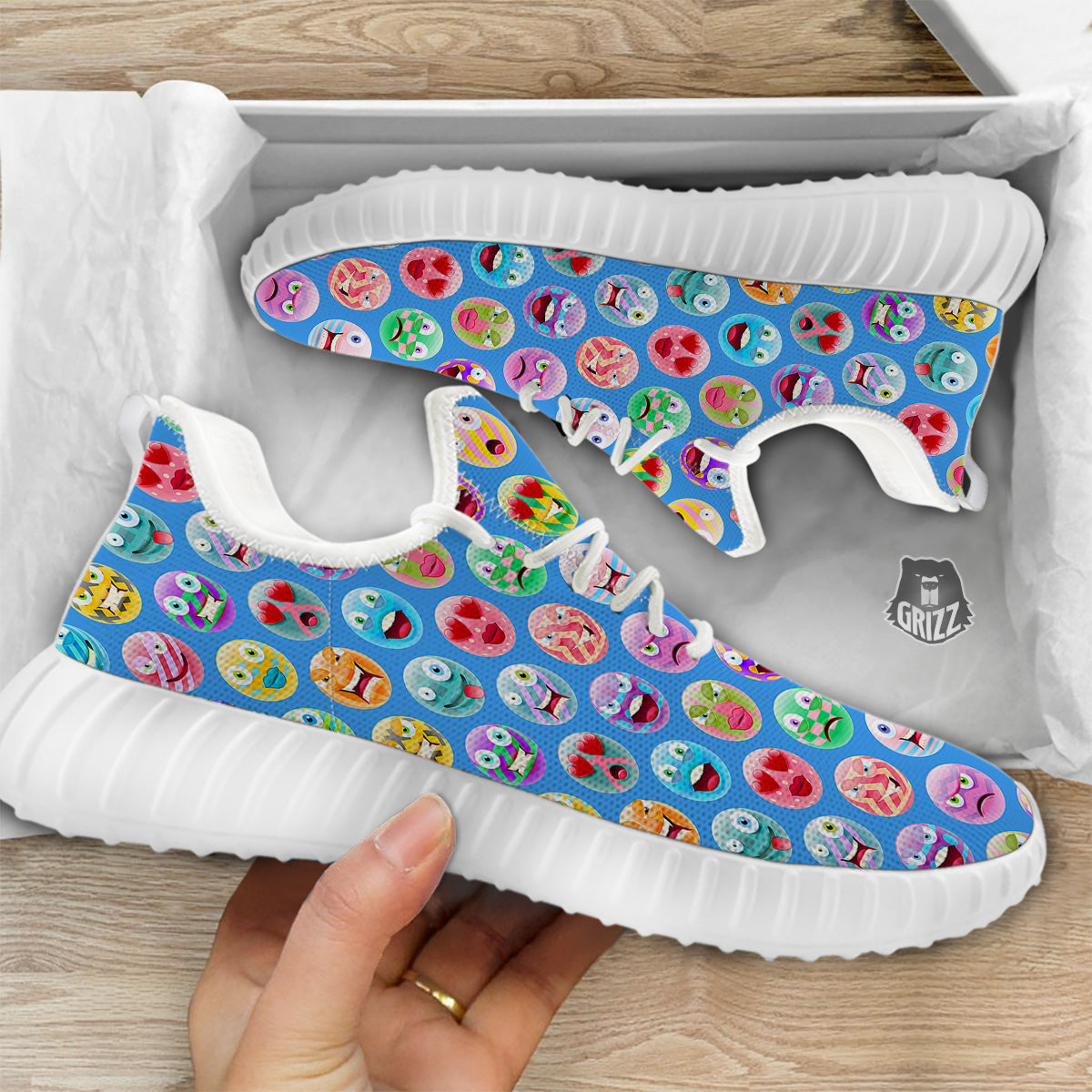 Cute Emoji Blue Print Pattern White Walking Shoes-grizzshop