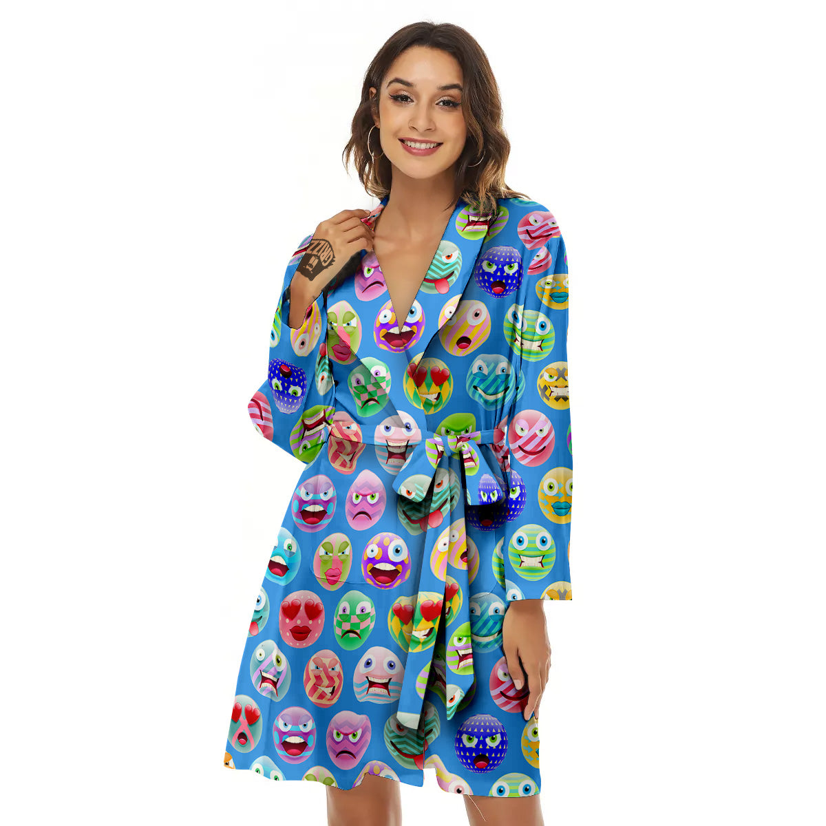 Cute Emoji Blue Print Pattern Women's Robe-grizzshop