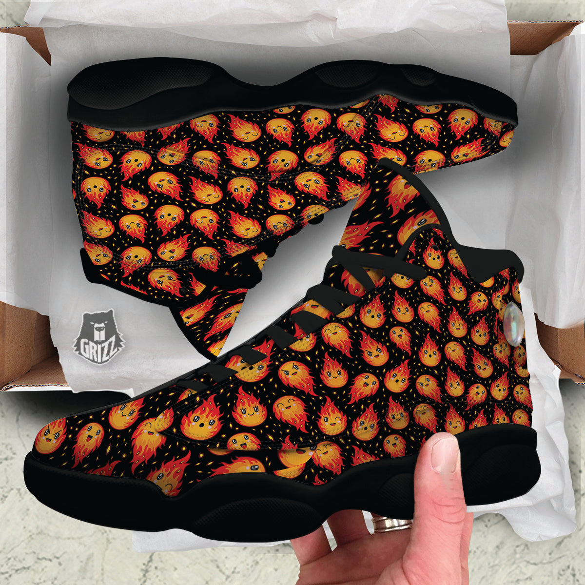 Cute Fire Cartoons Print Pattern Black Basketball Shoes-grizzshop