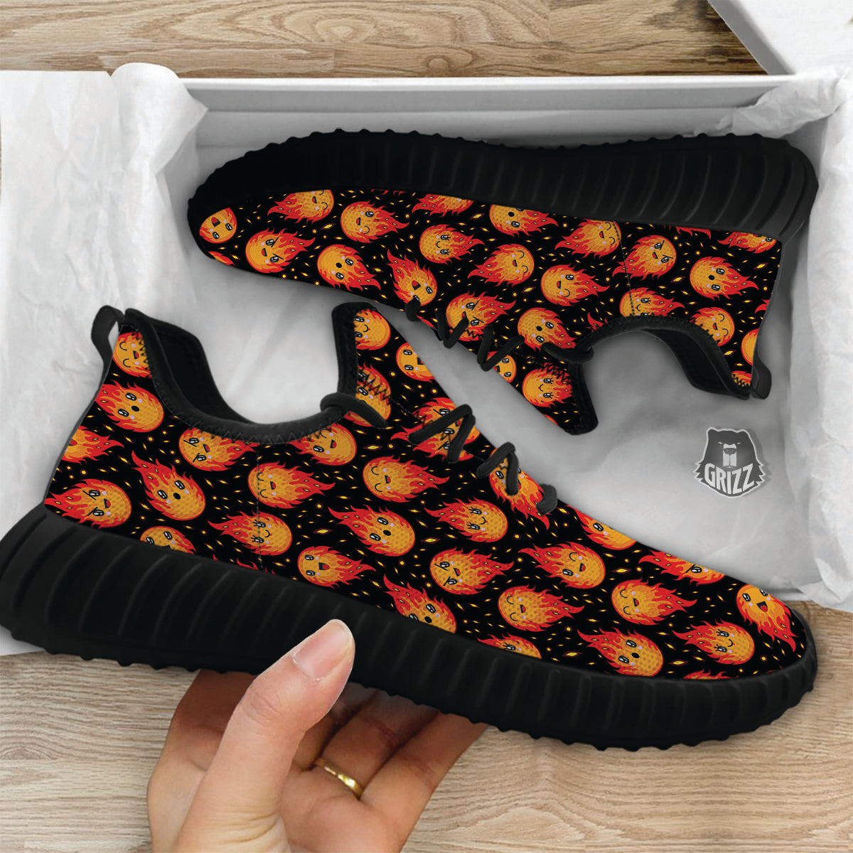 Cute Fire Cartoons Print Pattern Black Walking Shoes-grizzshop