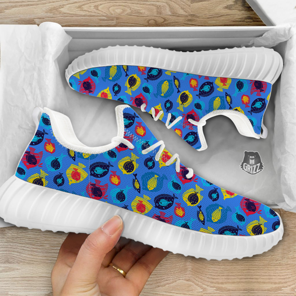 Cute Fish Colorful Blue Print Pattern White Walking Shoes-grizzshop