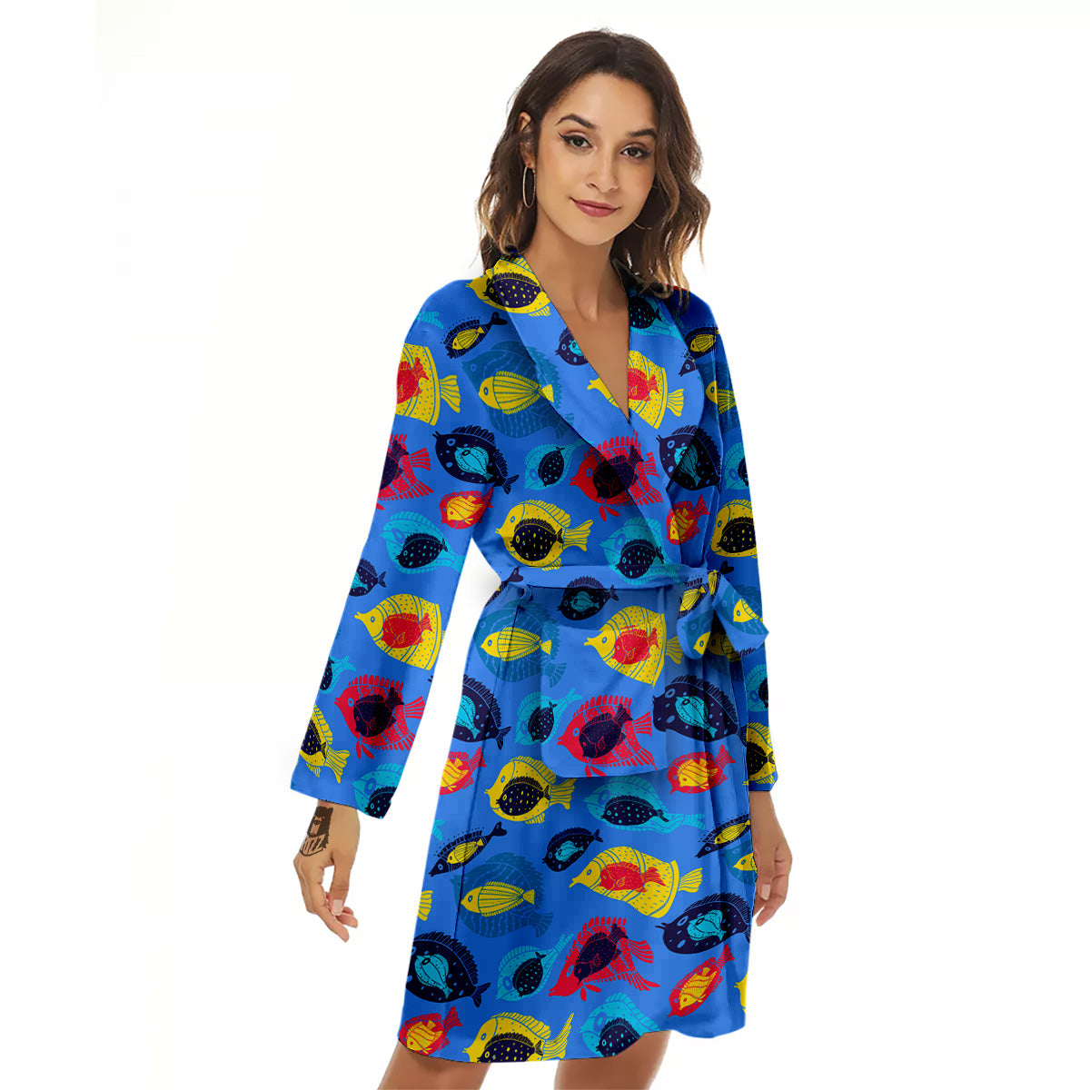 Cute Fish Colorful Blue Print Pattern Women's Robe-grizzshop