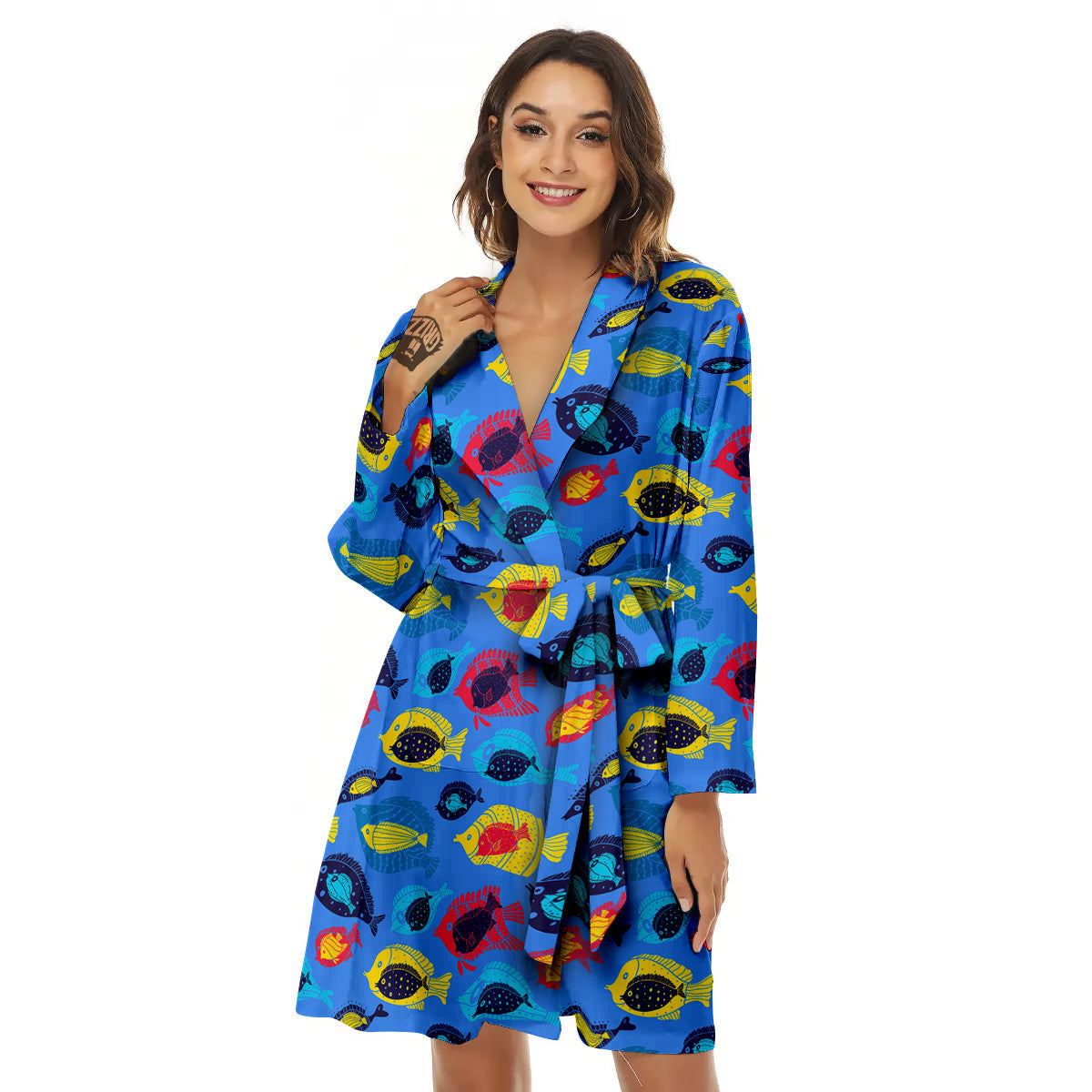 Cute Fish Colorful Blue Print Pattern Women's Robe-grizzshop