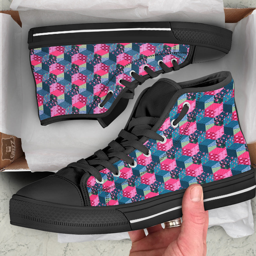 Cute Floral Patchwork Print Pattern Black High Top Shoes-grizzshop