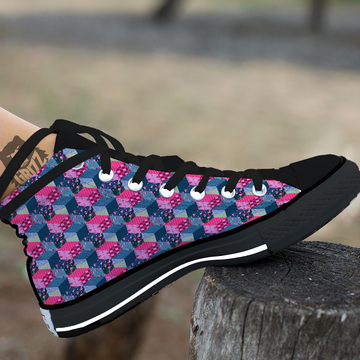 Cute Floral Patchwork Print Pattern Black High Top Shoes-grizzshop