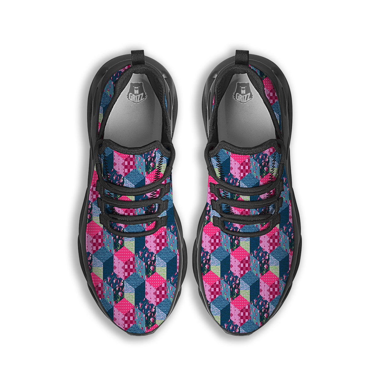 Cute Floral Patchwork Print Pattern Black Running Shoes-grizzshop