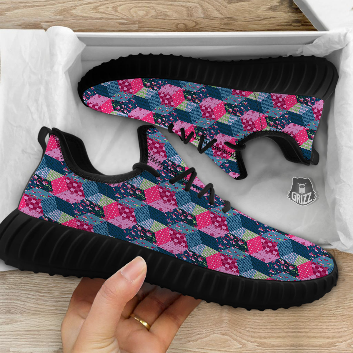 Cute Floral Patchwork Print Pattern Black Walking Shoes-grizzshop