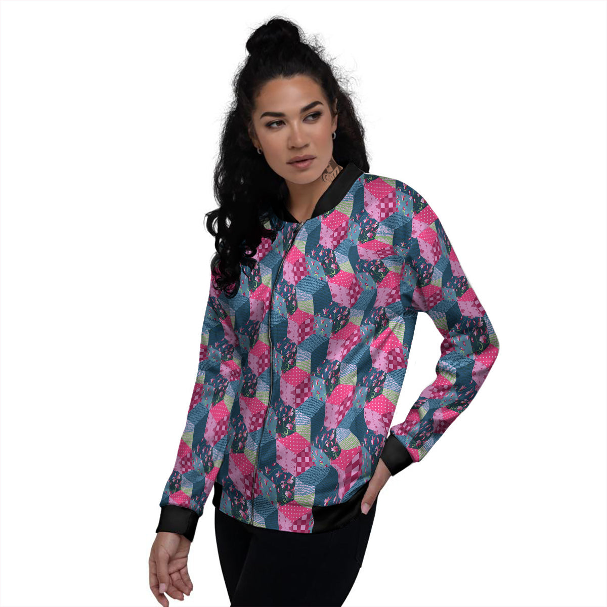Cute Floral Patchwork Print Pattern Women's Bomber Jacket-grizzshop