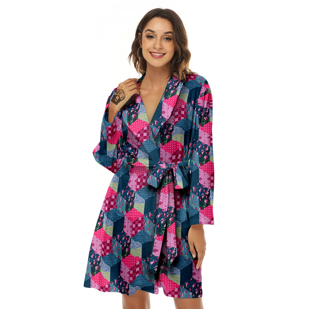 Cute Floral Patchwork Print Pattern Women's Robe-grizzshop