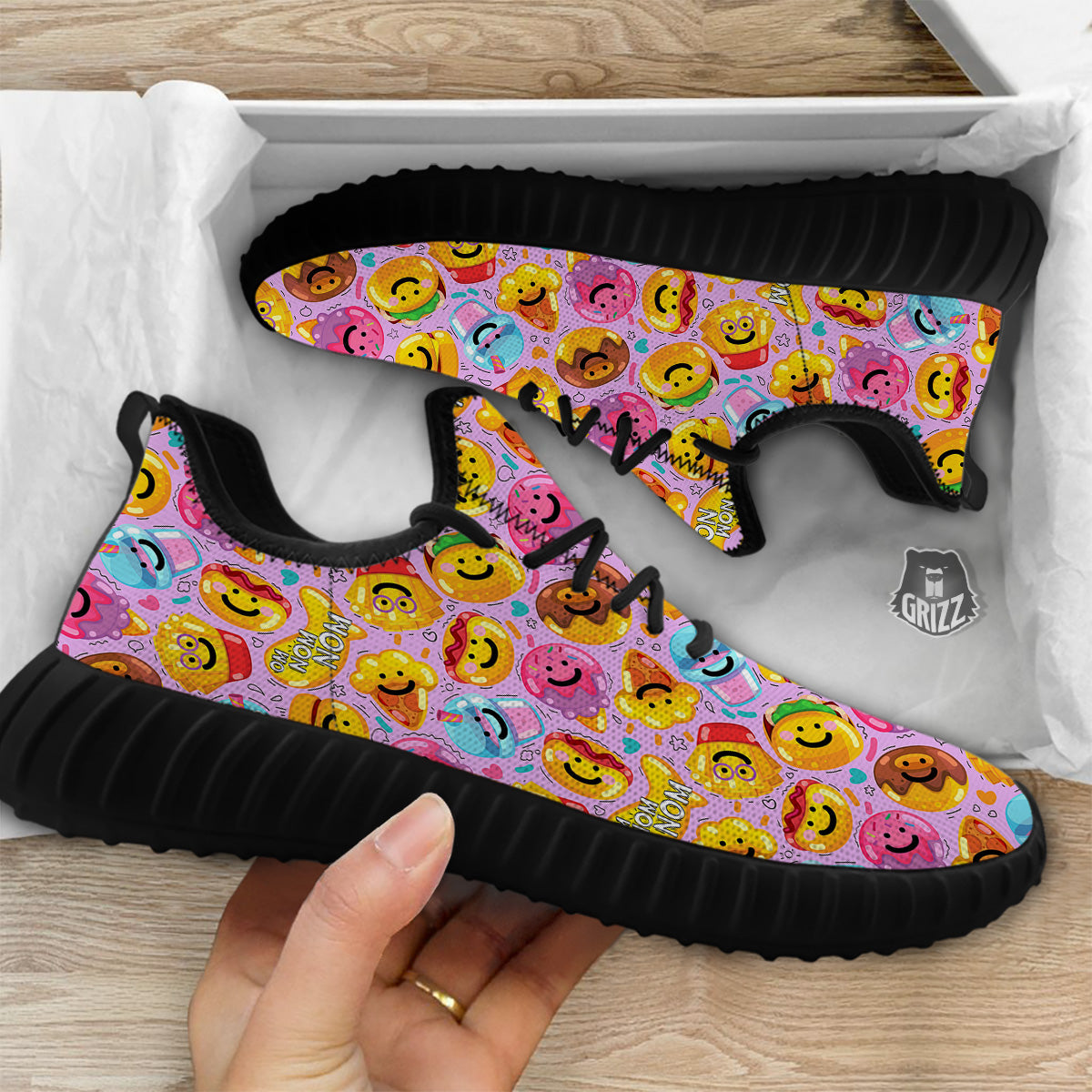 Cute Food Emoji Print Pattern Black Walking Shoes-grizzshop