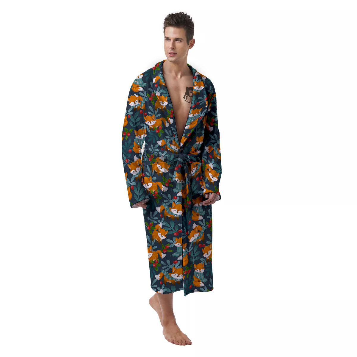 Cute Fox Print Pattern Men's Robe-grizzshop