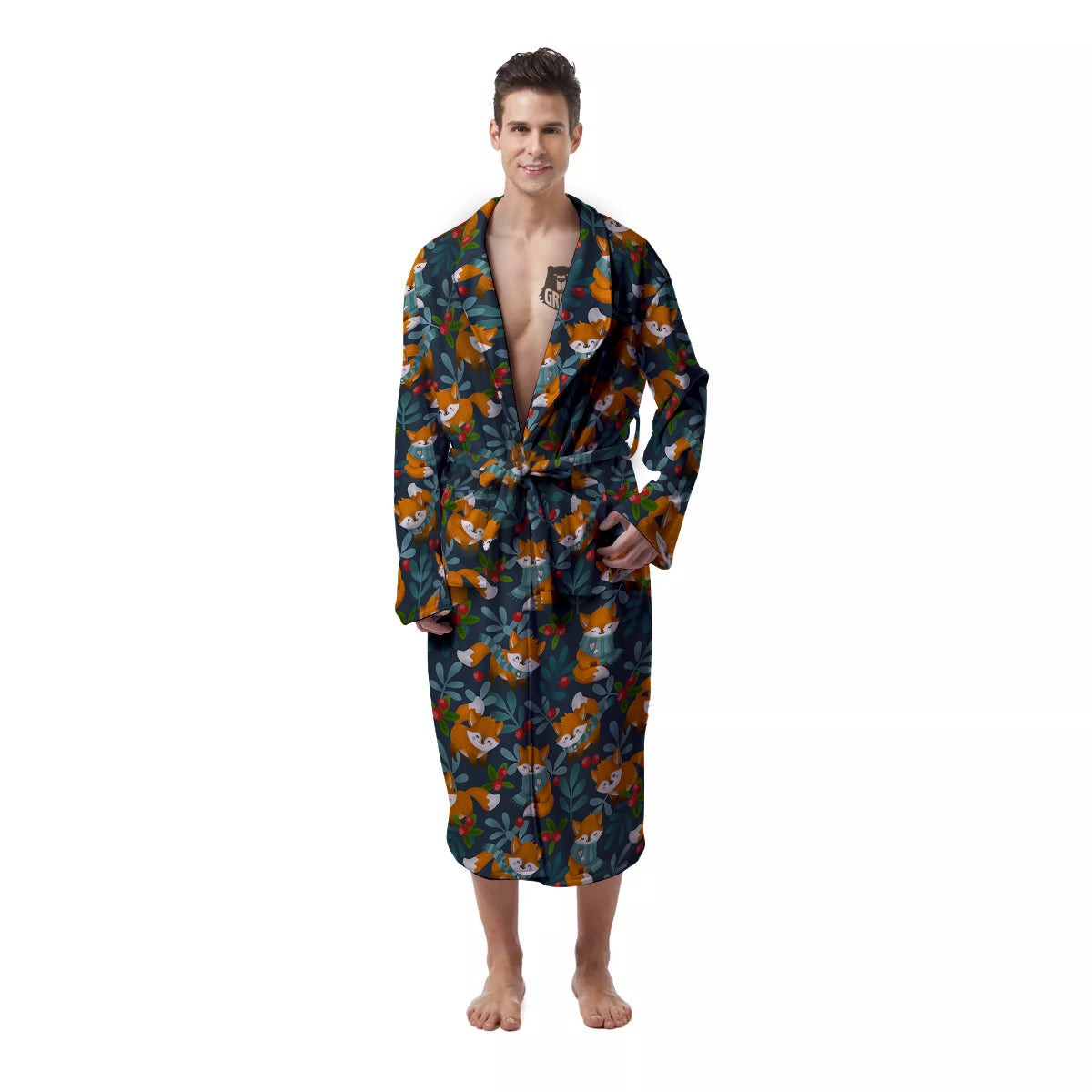 Cute Fox Print Pattern Men's Robe-grizzshop