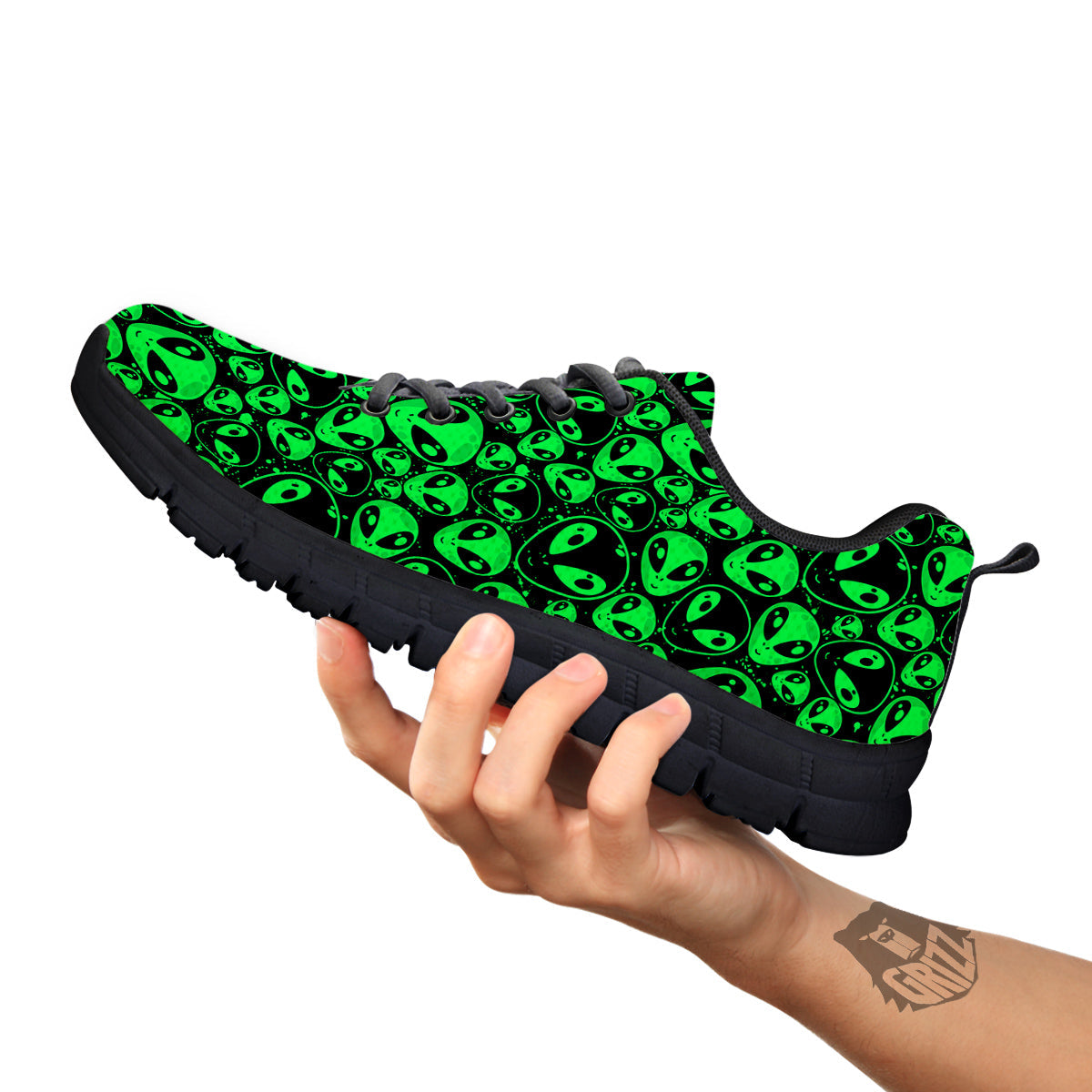 Cute Green Alien Print Pattern Black Sneaker-grizzshop