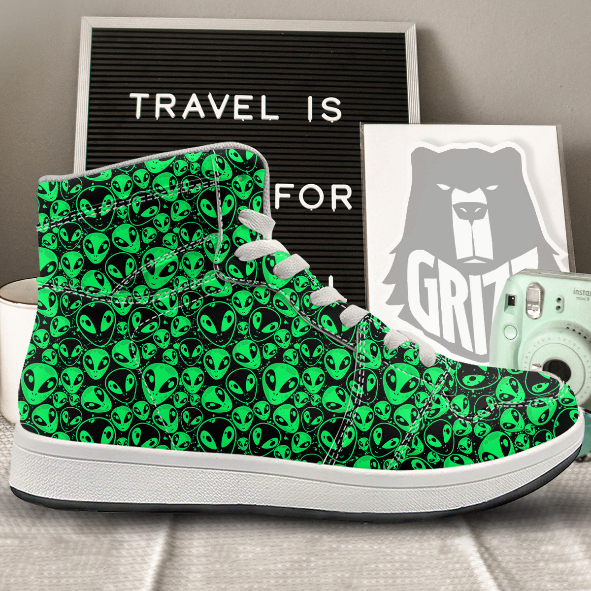 Cute Green Alien Print Pattern High Top Sneakers-grizzshop