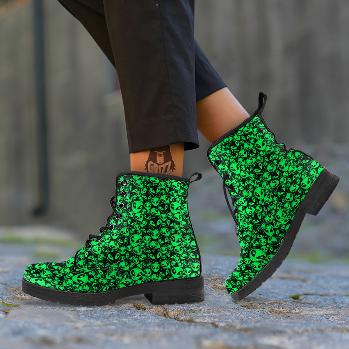 Cute Green Alien Print Pattern Leather Boots-grizzshop
