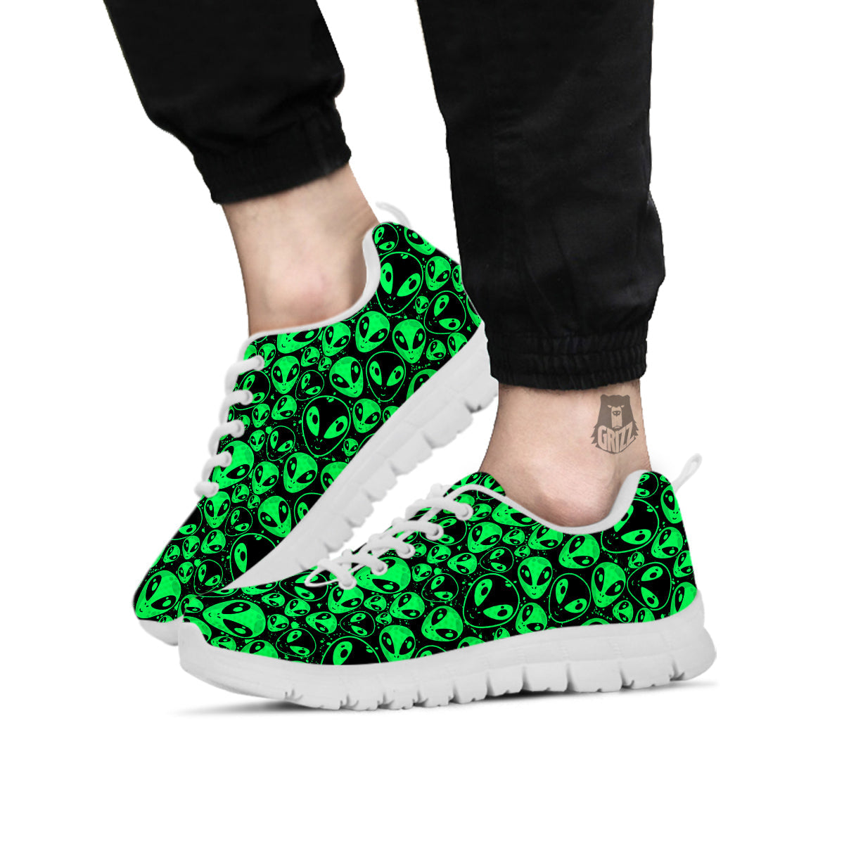 Cute Green Alien Print Pattern White Sneaker-grizzshop
