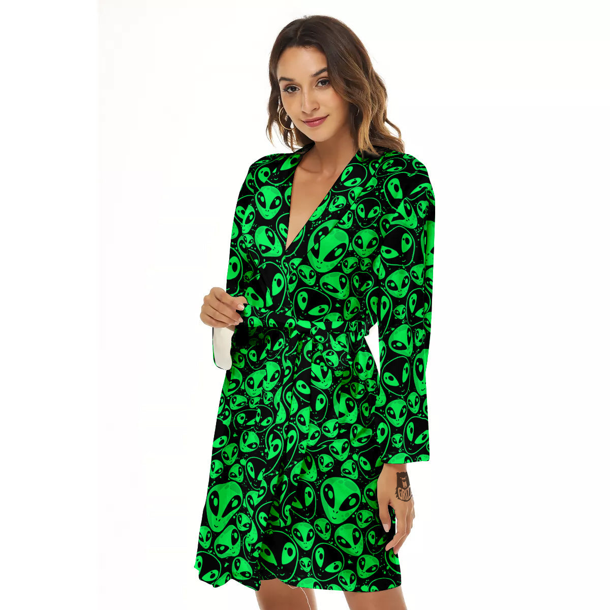 Cute Green Alien Print Pattern Women's Robe-grizzshop