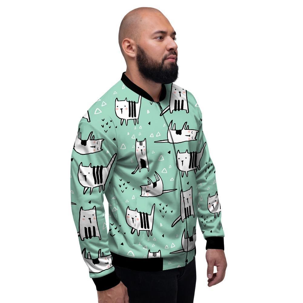 Cute Green Doodle Cat Print Men's Bomber Jacket-grizzshop