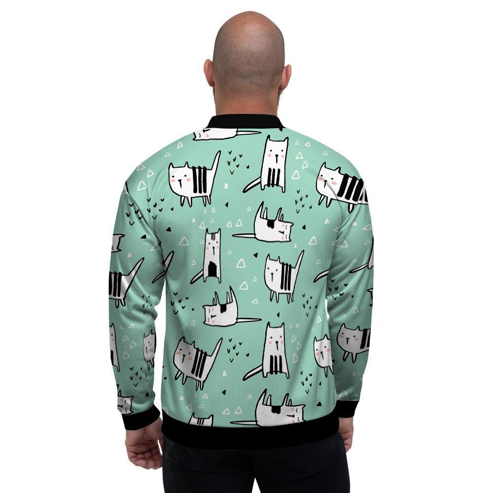 Cute Green Doodle Cat Print Men's Bomber Jacket-grizzshop