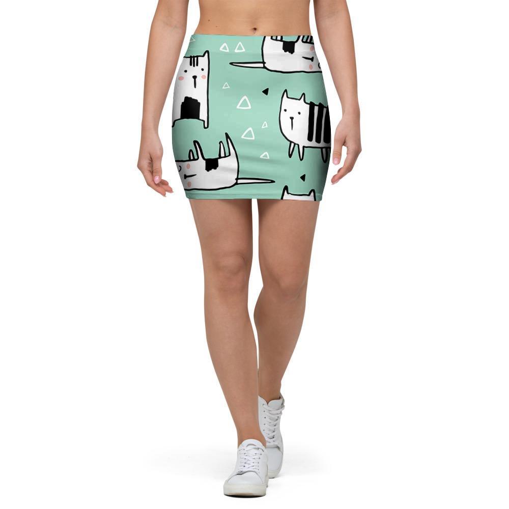 Cute Green Doodle Cat Print Mini Skirt-grizzshop