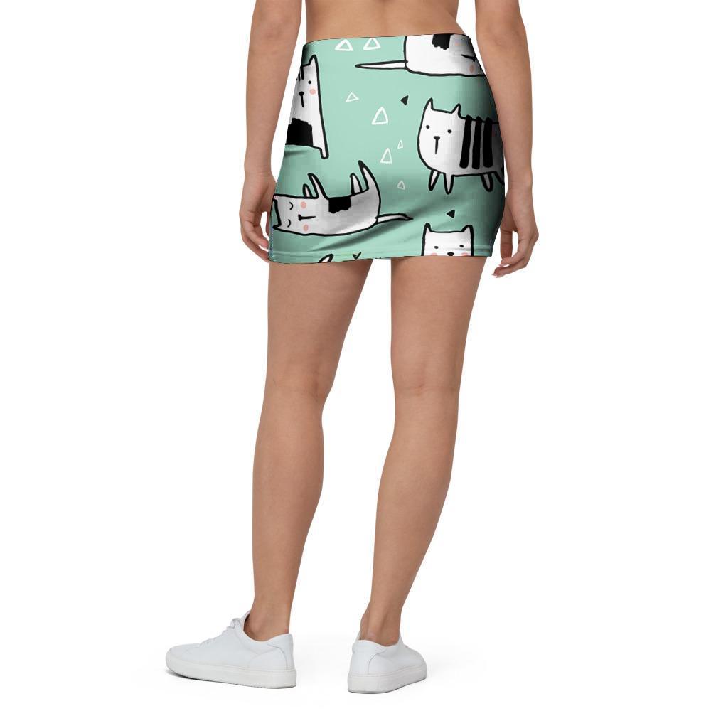 Cute Green Doodle Cat Print Mini Skirt-grizzshop