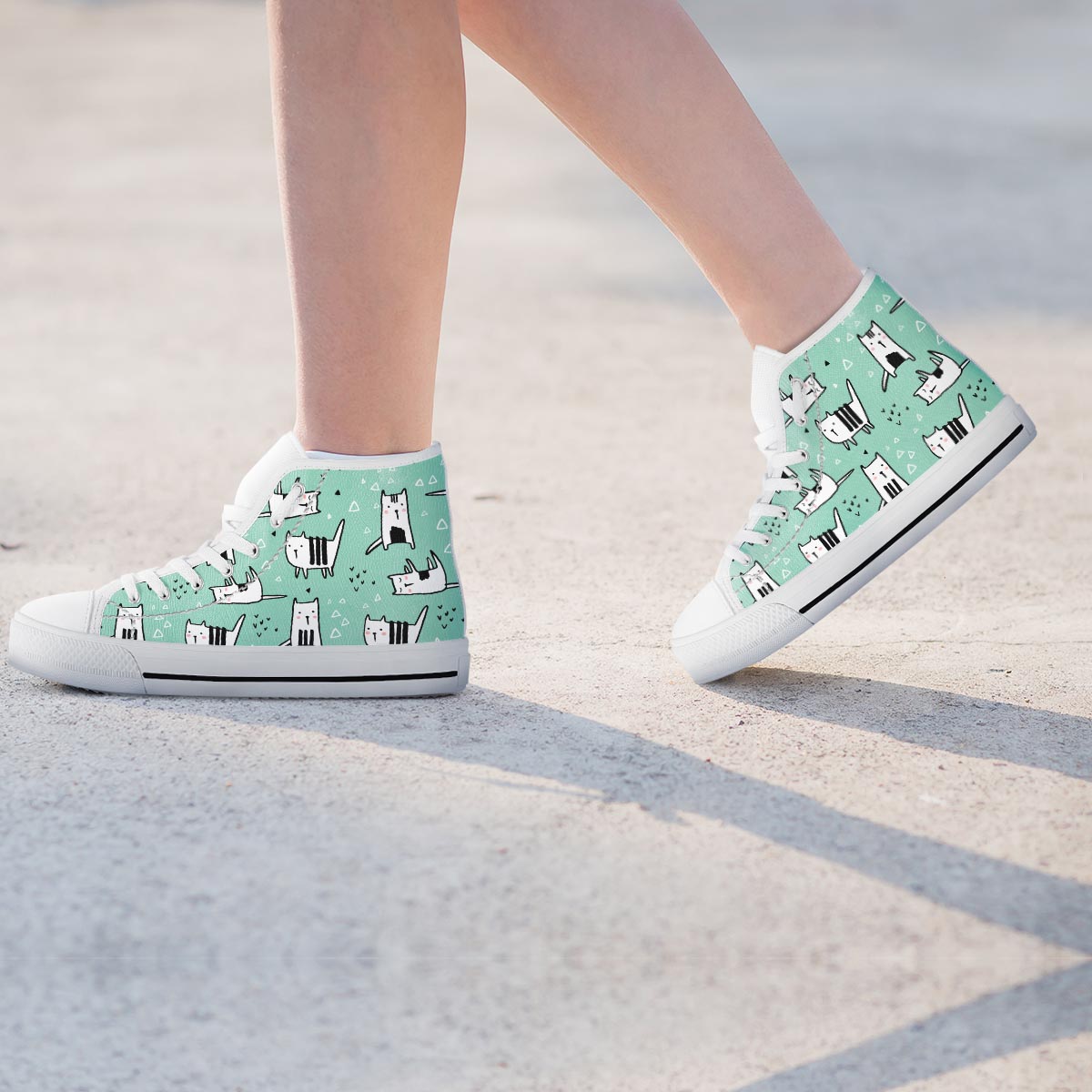Cute Green Doodle Cat Print Women's High Top Shoes-grizzshop