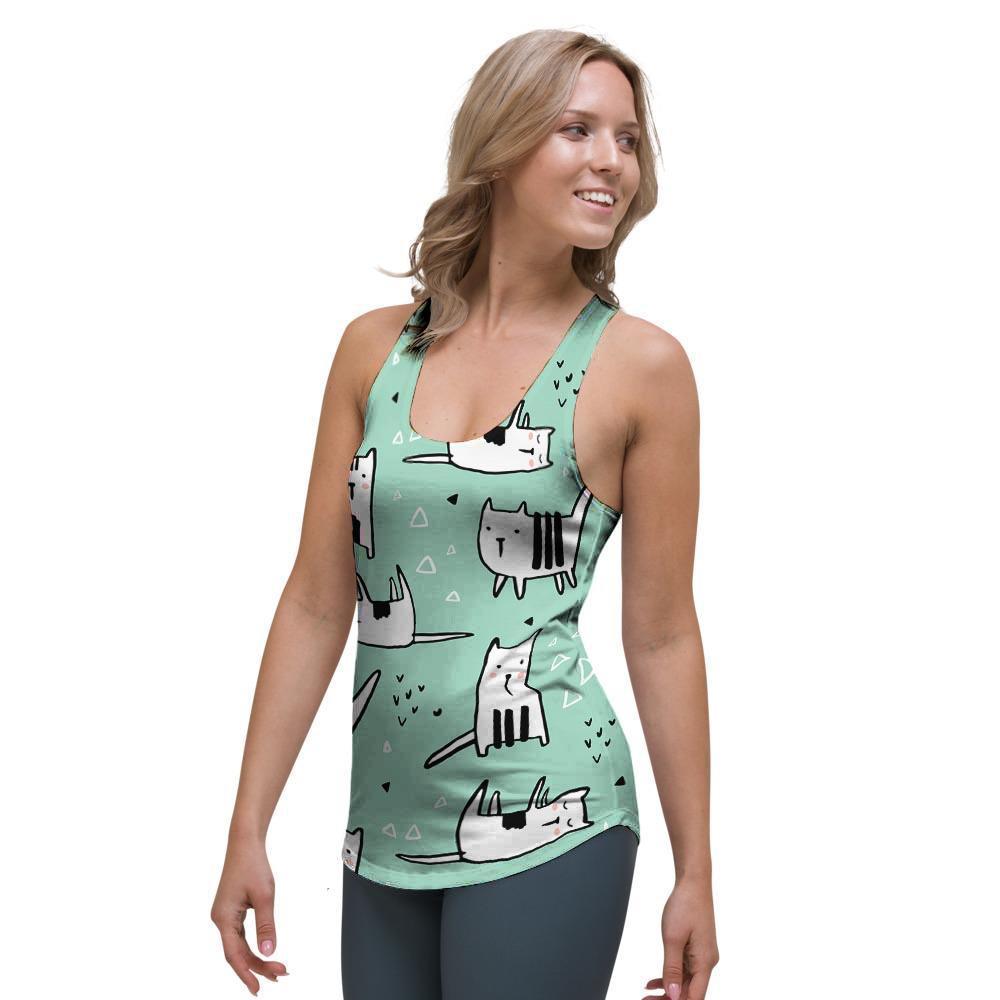 Cute Green Doodle Cat Print Women's Racerback Tank Top-grizzshop