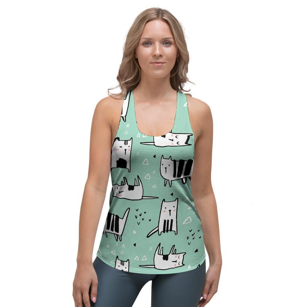 Cute Green Doodle Cat Print Women's Racerback Tank Top-grizzshop