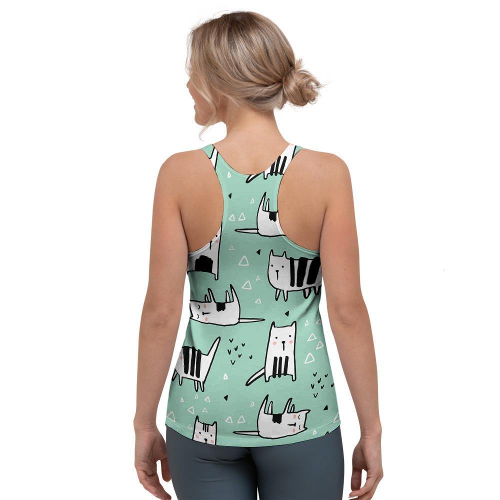 Cute Green Doodle Cat Print Women's Racerback Tank Top-grizzshop