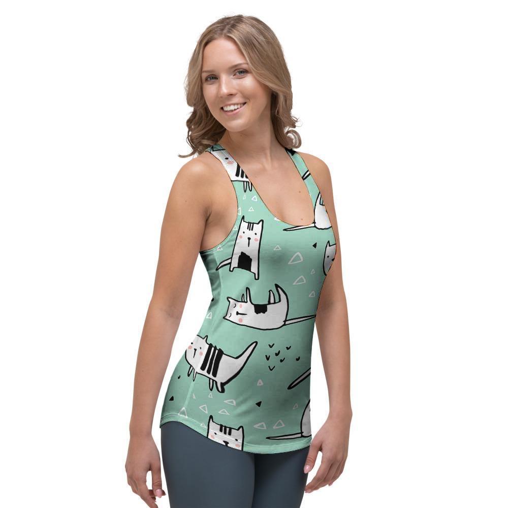 Cute Green Doodle Cat Print Women's Racerback Tank Top-grizzshop