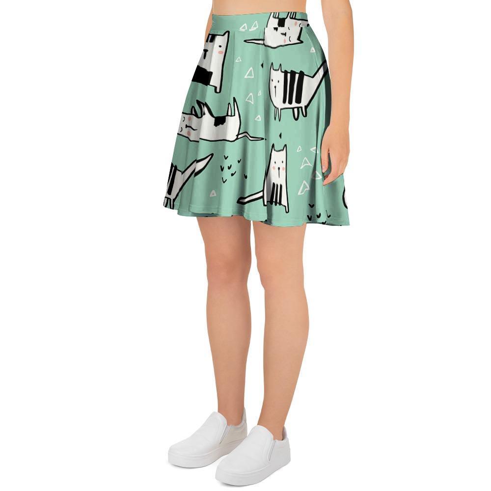 Cute Green Doodle Cat Print Women's Skirt-grizzshop