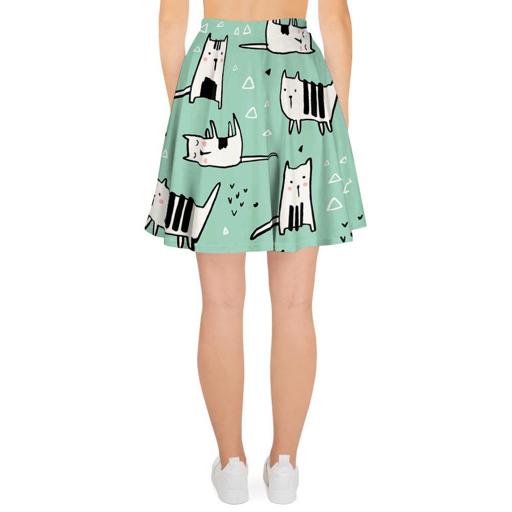 Cute Green Doodle Cat Print Women's Skirt-grizzshop
