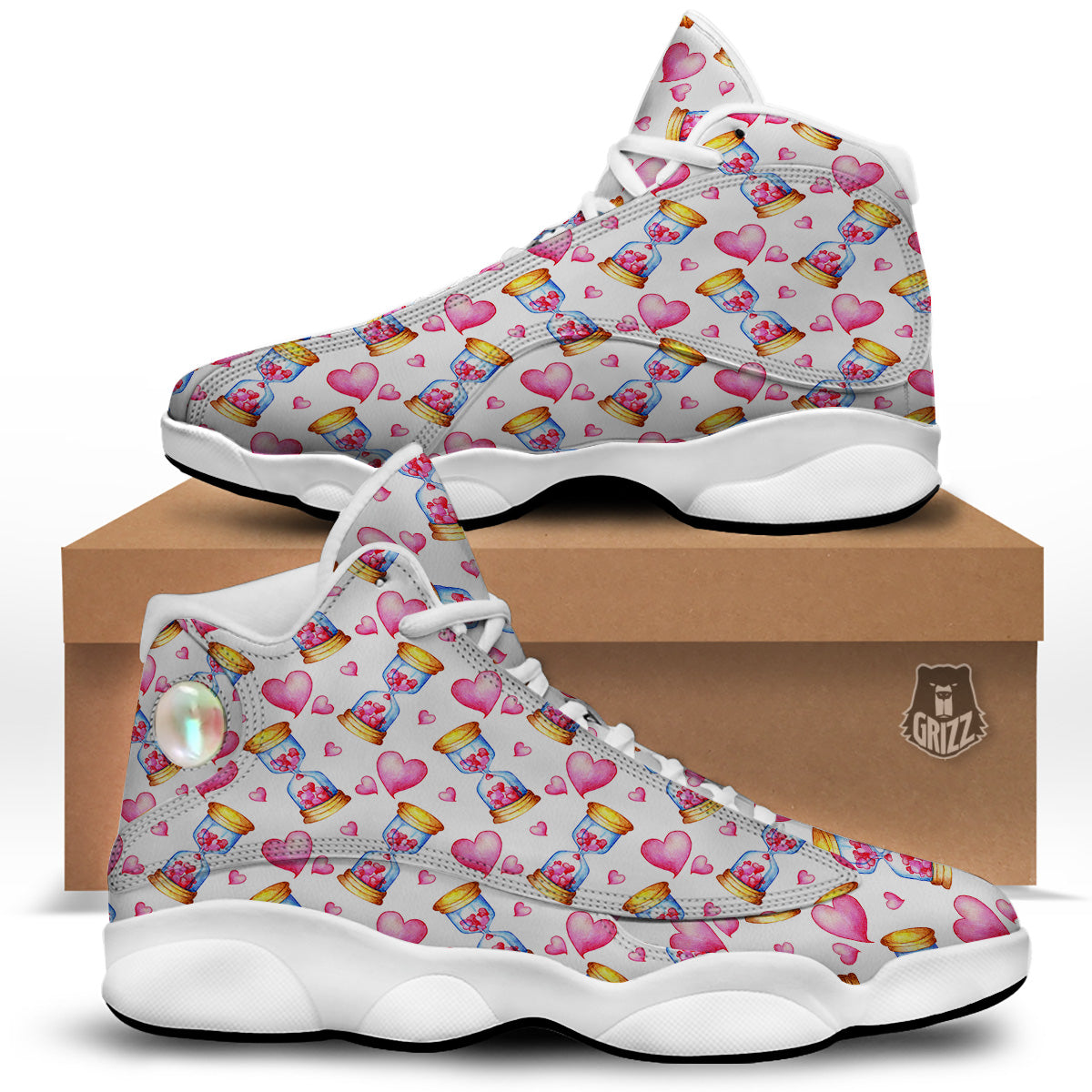Cute Hourglass Hearts Print Pattern White Basketball Shoes-grizzshop