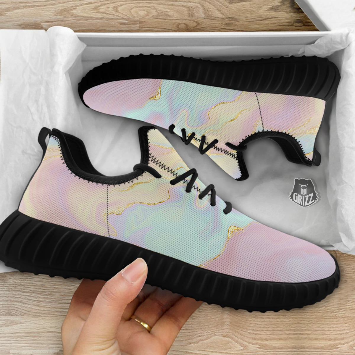 Cute Pastel Gold Marble Print Black Walking Shoes-grizzshop