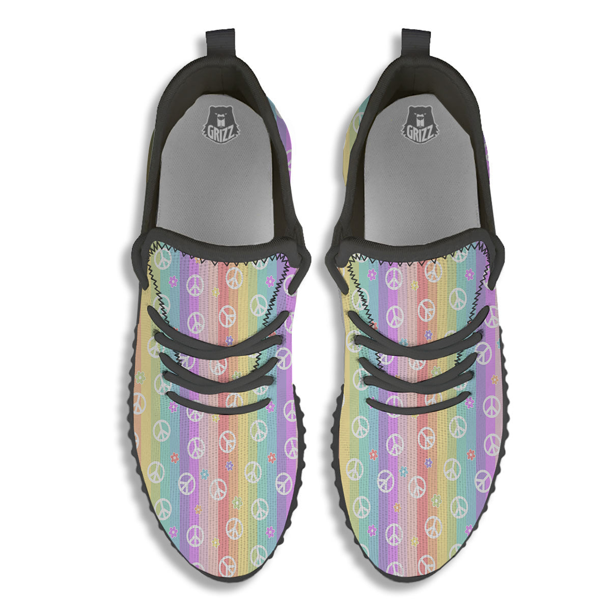 Cute Peace Symbol And Daisy Print Pattern Black Walking Shoes-grizzshop
