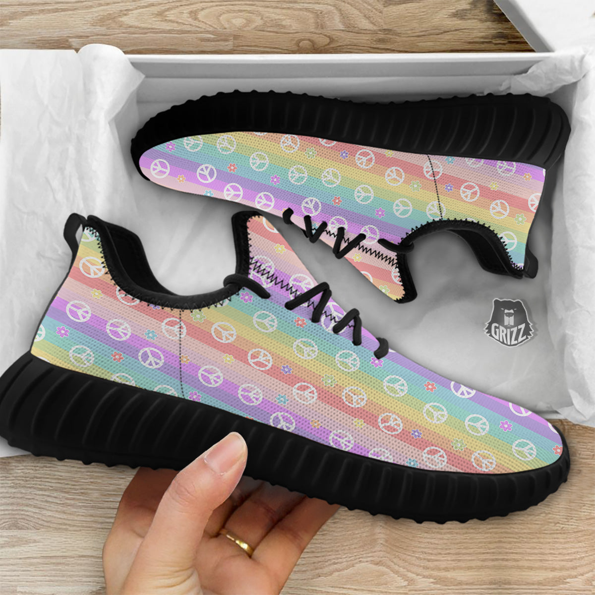 Cute Peace Symbol And Daisy Print Pattern Black Walking Shoes-grizzshop