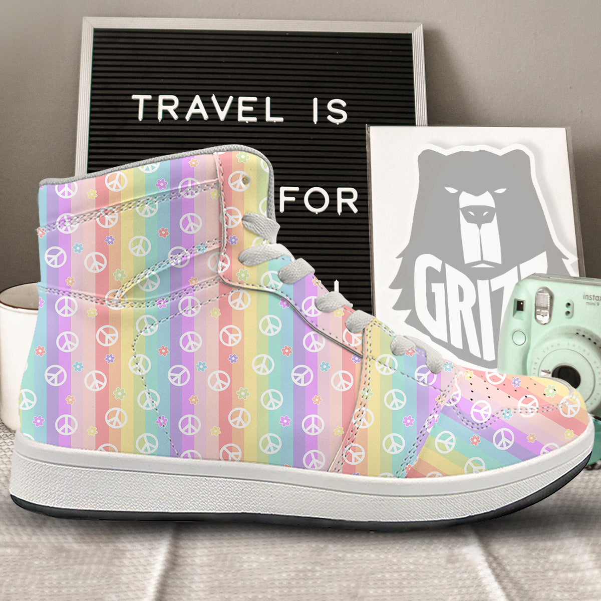 Cute Peace Symbol And Daisy Print Pattern High Top Sneakers-grizzshop