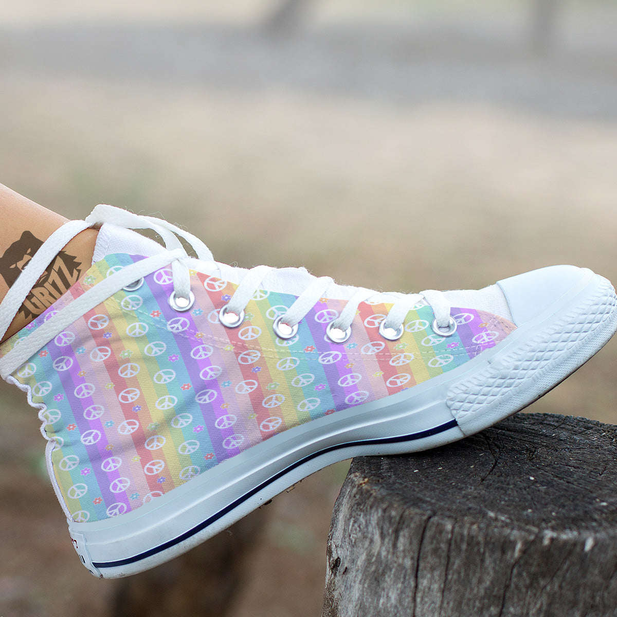 Cute Peace Symbol And Daisy Print Pattern White High Top Shoes-grizzshop