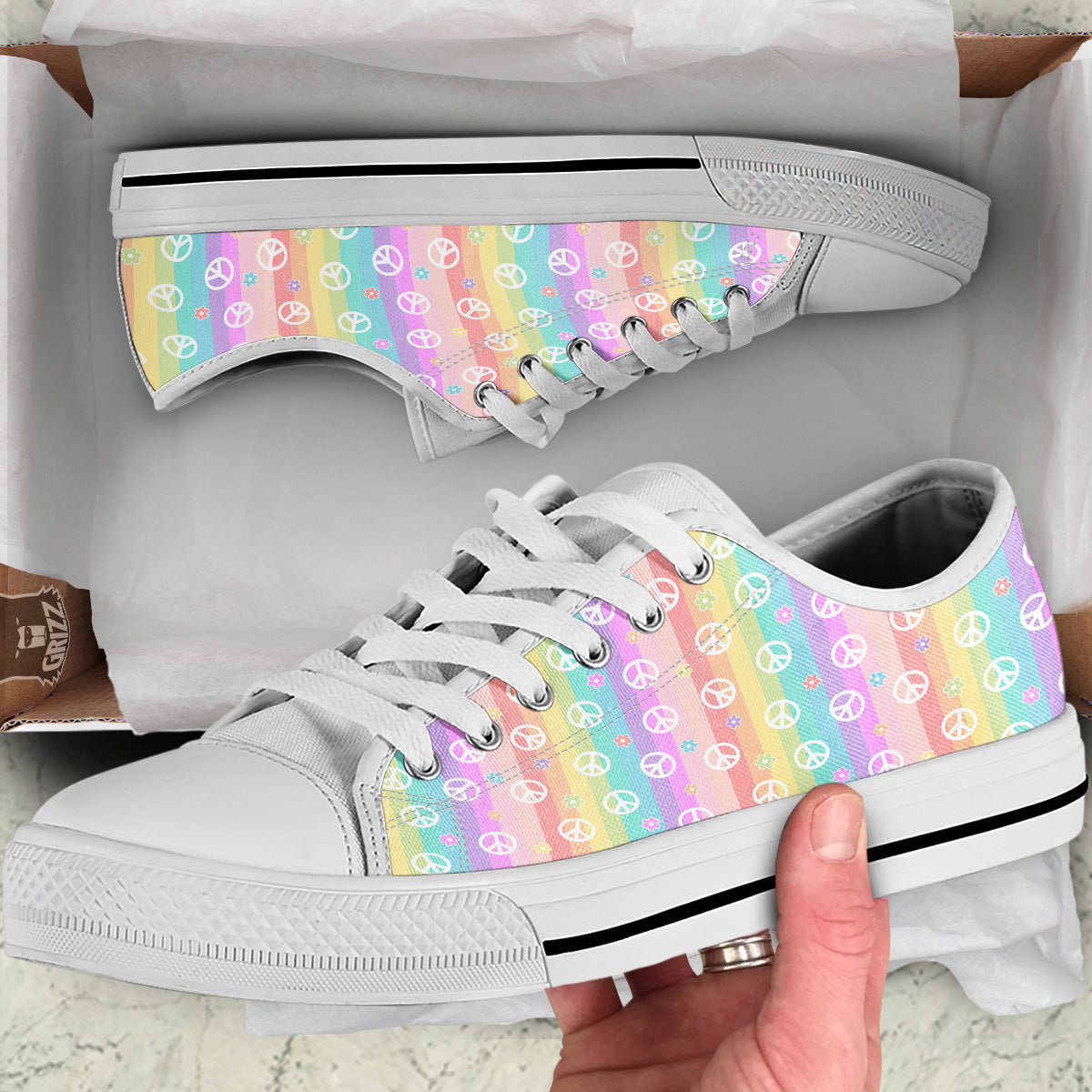 Cute Peace Symbol And Daisy Print Pattern White Low Top Shoes-grizzshop