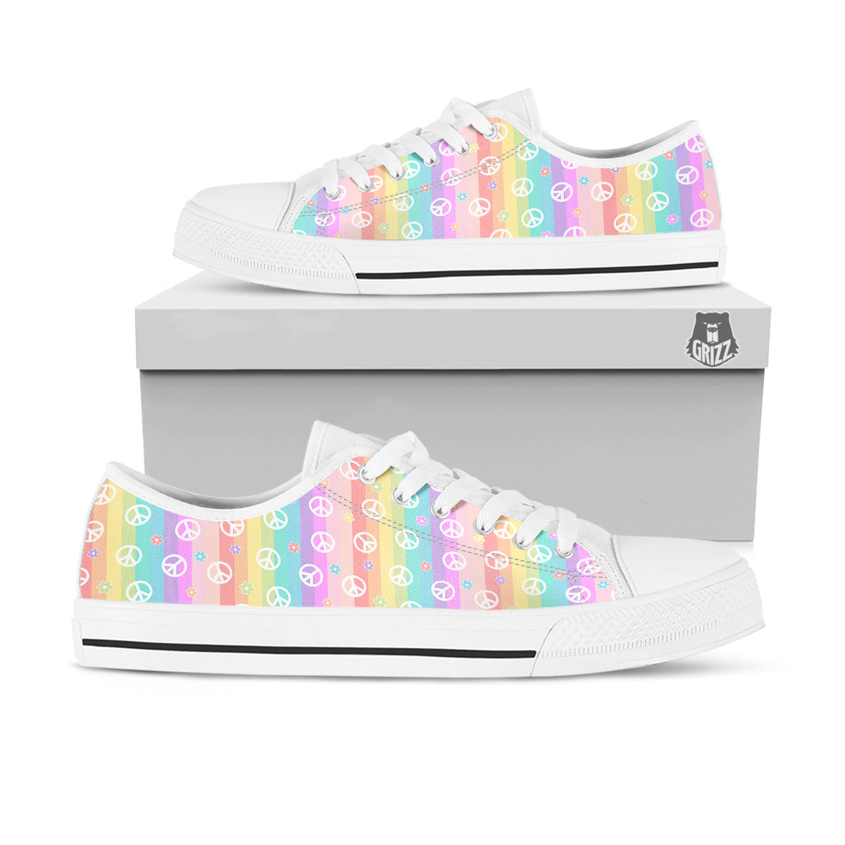 Cute Peace Symbol And Daisy Print Pattern White Low Top Shoes-grizzshop