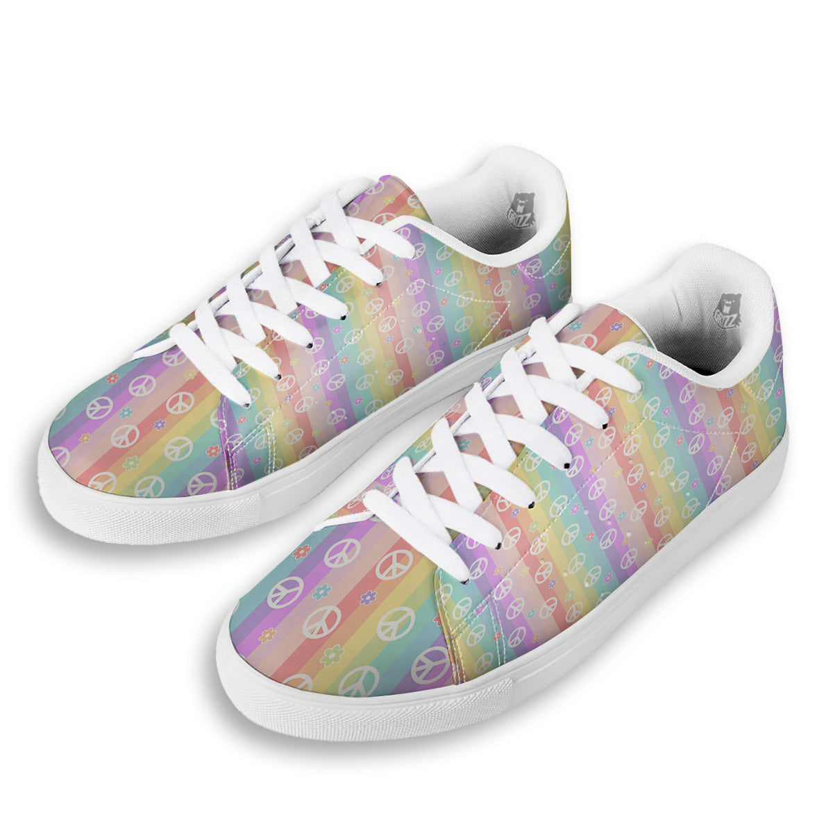 Cute Peace Symbol And Daisy Print Pattern White Low Top Sneakers-grizzshop