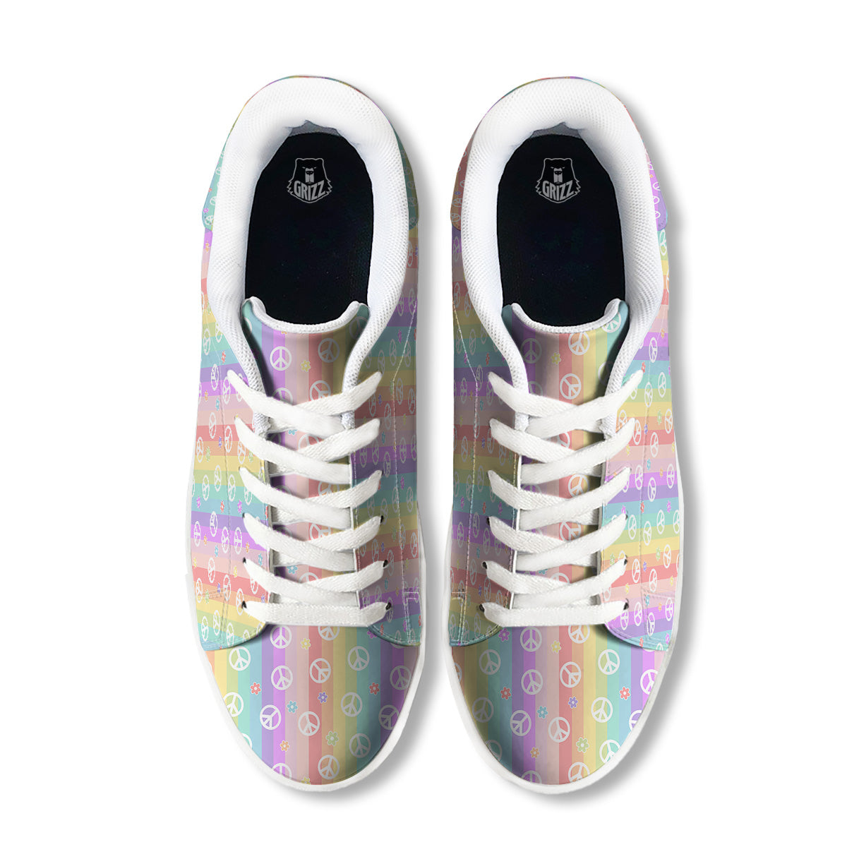Cute Peace Symbol And Daisy Print Pattern White Low Top Sneakers-grizzshop
