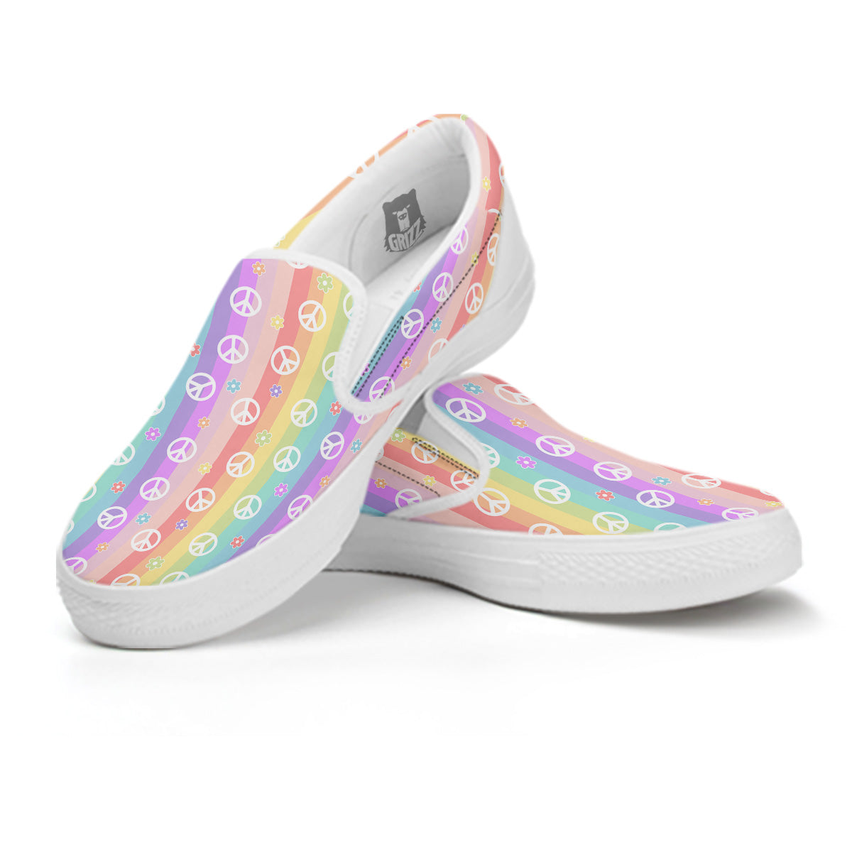 Cute Peace Symbol And Daisy Print Pattern White Slip On Shoes-grizzshop
