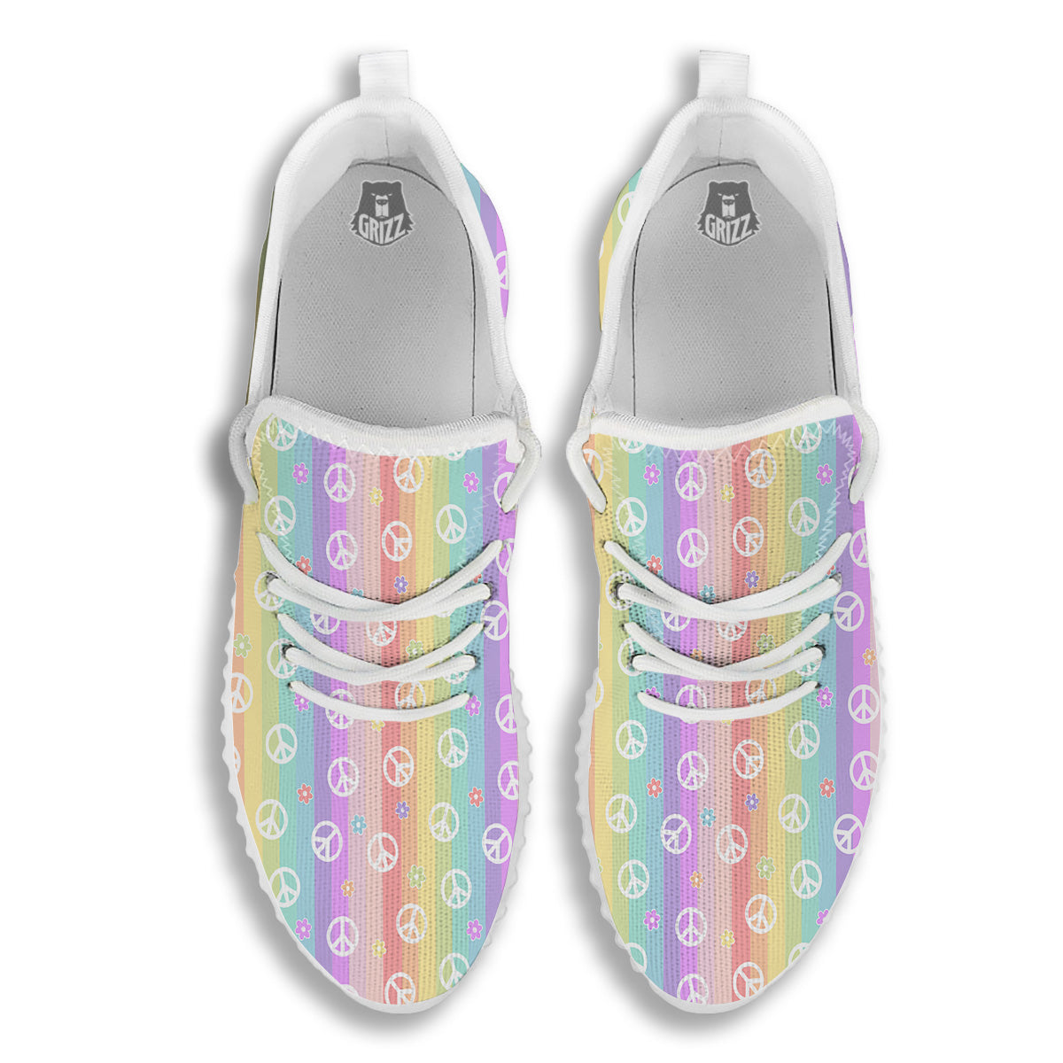 Cute Peace Symbol And Daisy Print Pattern White Walking Shoes-grizzshop
