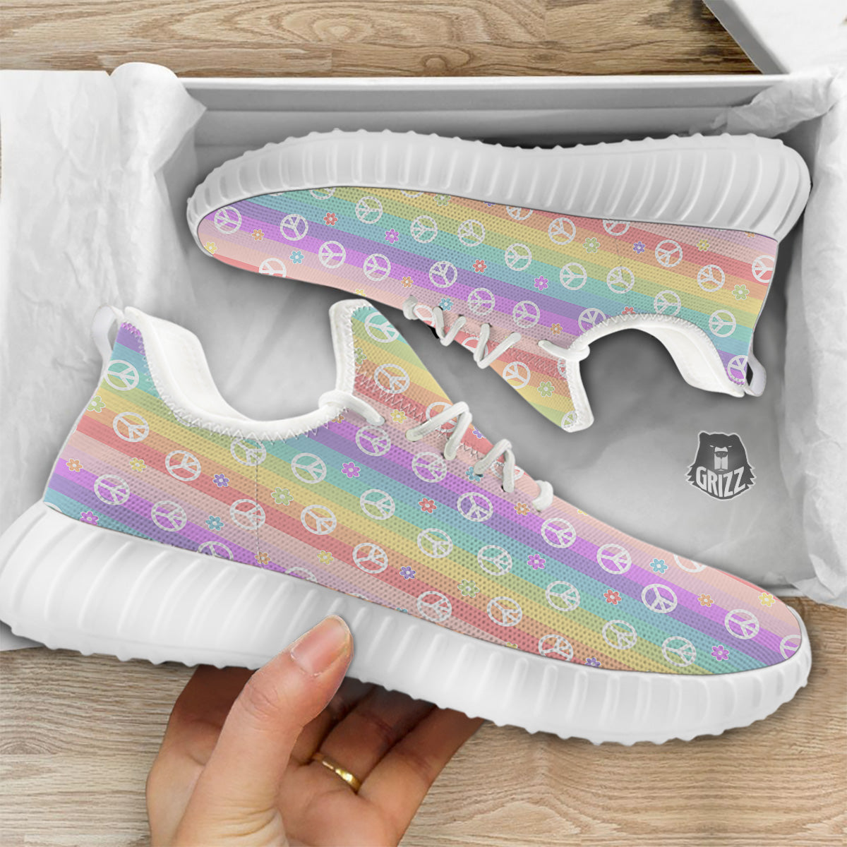 Cute Peace Symbol And Daisy Print Pattern White Walking Shoes-grizzshop