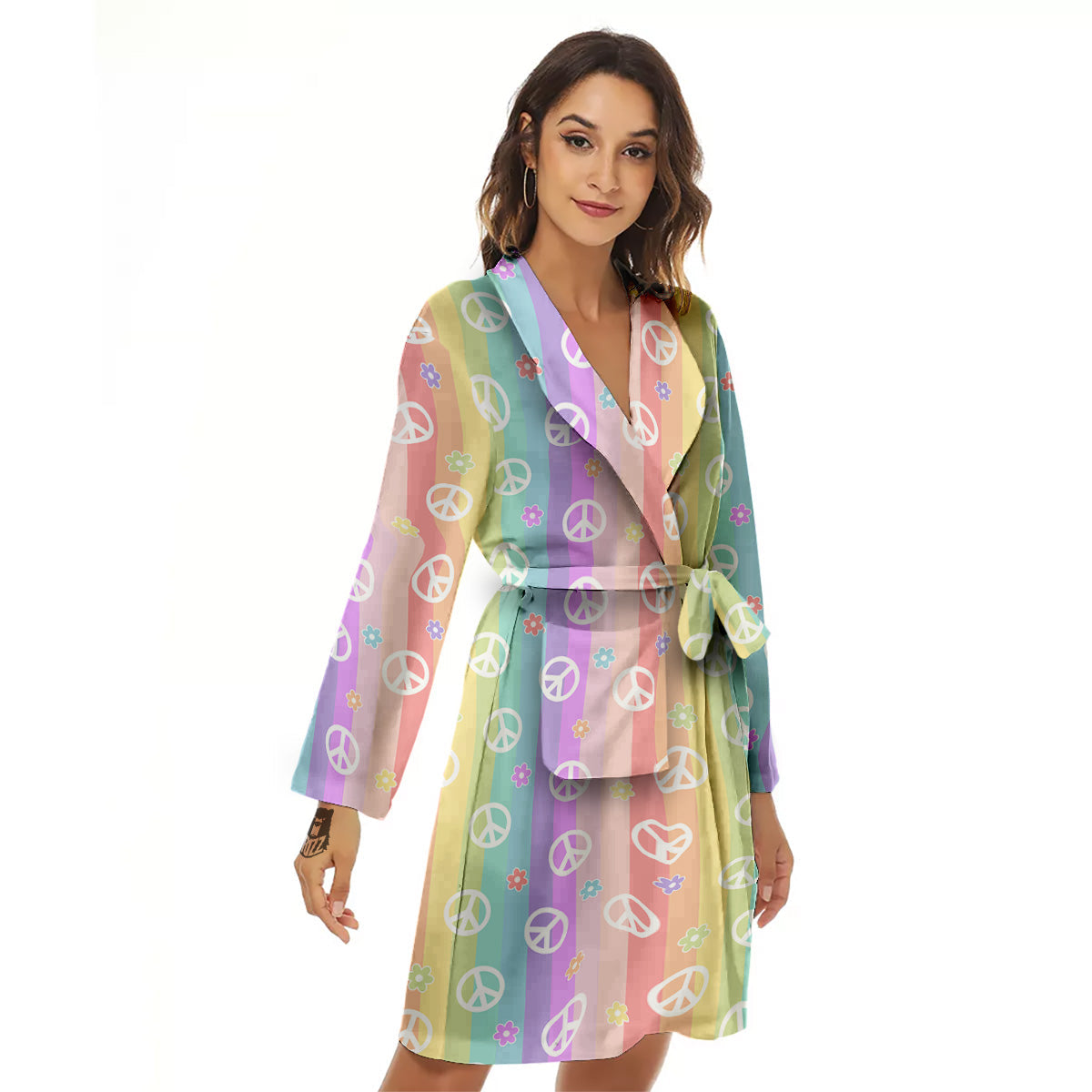 Cute Peace Symbol And Daisy Print Pattern Women's Robe-grizzshop